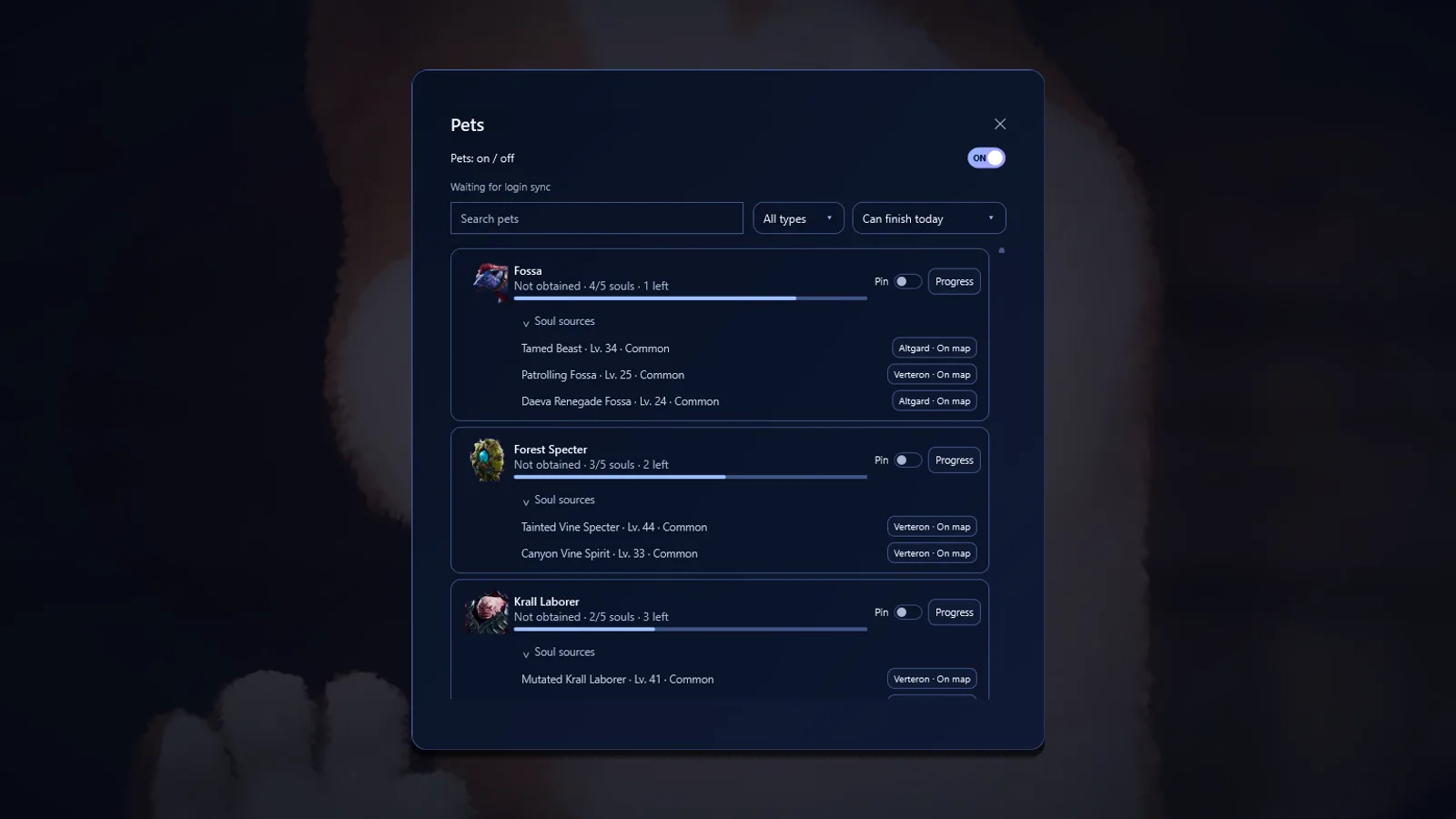 TeamMateのペット画面：魂の進捗、入手先、「マップで表示」ボタン