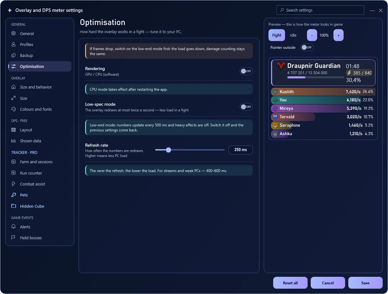 Overlay optimisation — TeamMate screen · sample data
